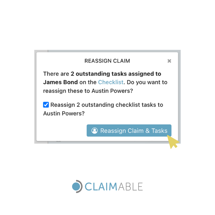 claimable's tweet image. Streamline handovers 🚀 Reassign a claim in seconds! Now with one click to transfer all tasks from the original assignee to the new one.
#claimable #claims #claimsworkflow #claimsoftware #claimsmanagement
