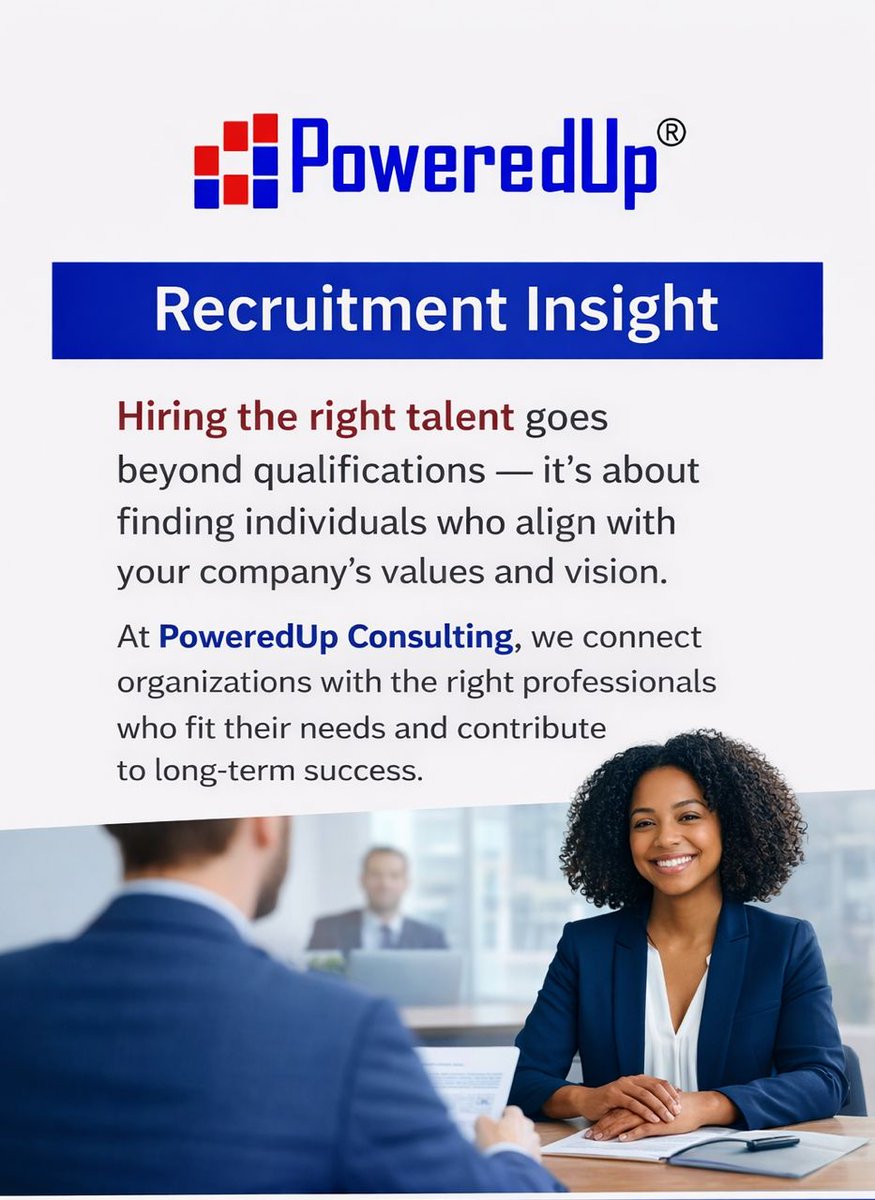 PoweredupCon's tweet photo. The right hire can transform your organization.
At PoweredUp Consulting, we help businesses find professionals who truly fit their goals, culture, and vision.
Build the right team with us. https://t.co/rvHoa9heqW