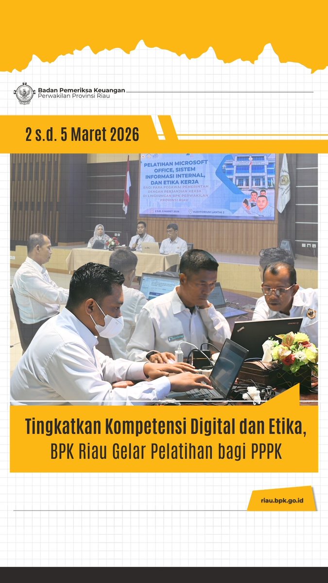 Halo BPKawan
Upaya berkelanjutan dalam penguatan kompetensi digital di lingkungan BPK Riau. 

Melalui pembekalan kompetensi, rekan-rekan PPPK dipersiapkan untuk mendukung alur kerja organisasi yang lebih sistematis dan terintegrasi.

Baca selengkapnya: riau.bpk.go.id/tingkatkan-kom…