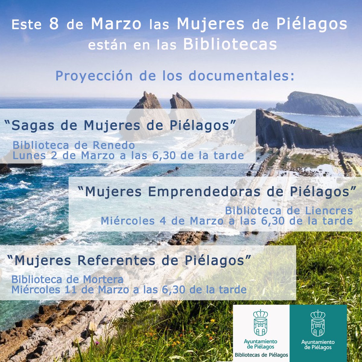 aytopielagos's tweet photo. La Biblioteca municipal del @aytopielagos en #Mortera proyectará este miércoles el documental “Mujeres referentes de Piélagos” en la tercera y última sesión abierta al público dentro de las actividades programadas con motivo del #8M2026  https://t.co/N4CLyy5bIc https://t.co/0DSTW0Dfre
