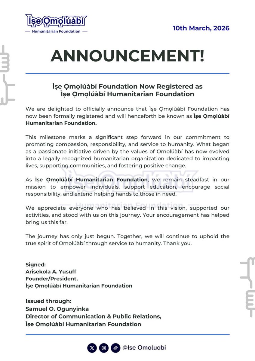 IseOmoluabi's tweet photo. Ìșe Omolúàbí Foundation Now Registered as İșe Omolúàbí Humanitarian Foundation
#IseOmoluabi https://t.co/twZYMvhPbK