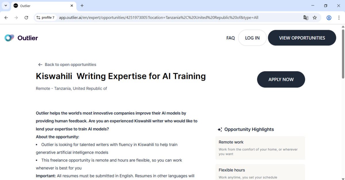 ally_eh's tweet photo. Outlier is hiring Swahili speakers in Tanzania. Kenyan people, please stay away.

You will earn $12.50 per hour, which means you can make $2,000+ per month.

You can apply here: https://t.co/lH9nVOcb72

Select country: Tanzania 
Register an account and verify it. https://t.co/qEdezNlPtG