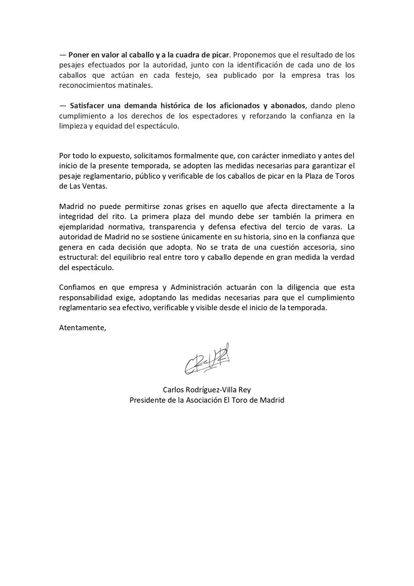 En los últimos días se ha mantenido una reunión con el CAT, Plaza 1 y equipos gubernativos de Las Ventas para impulsar la instalación de una báscula y el pesaje público, íntegro, verificable y recurrente de los caballos de picar.

Adjuntamos el escrito trasladado a las partes.