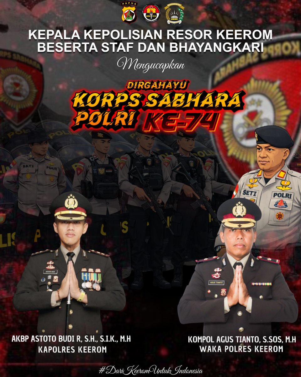 Kepala Kepolisian Resor Keerom Beserta Staf dan Bhayangkari Mengucapkan Dirgahayu KORPS SABHARA POLRI KE-74 

#darikeeromuntukindonesia