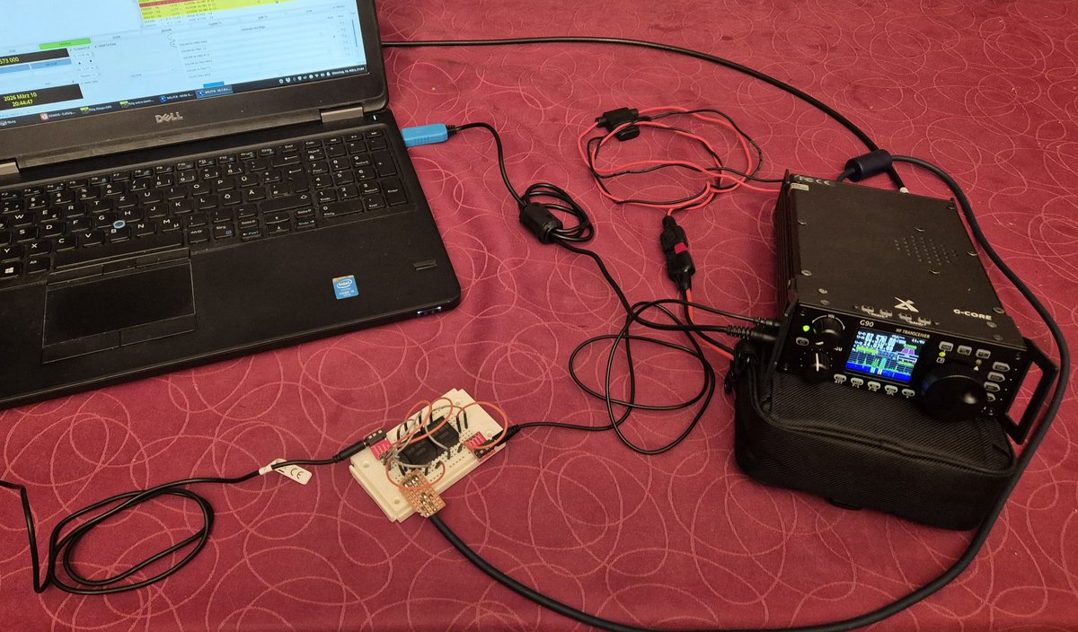 dl7mo's tweet photo. My last two #hamradio QSOs yesterday were in FT8, so here’s a small picture of my digimode setup. The DIY digimode adapter sends the TX audio to the Xiegu G90’s ACC port, but it receives the RX audio from the G90’s headphone jack instead (from ACC does not work). #Amateurfunk https://t.co/fEK4A8x6My