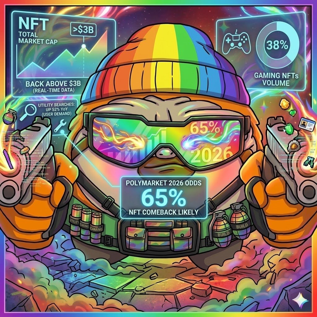 Rainbowartz1's tweet photo. GM #NFTARMY

Polymarket just hit 65% odds on NFT comeback in 2026 
and the data actually backs it up 👇

📈 nft market cap back above $3B 
🎮 gaming nfts = 38% of all volume 
🔍 utility searches up 52% YoY

the jpegs that died were never real the ones with actual use cases just kept building quietly
pfp aint dead it just grew up 🟠