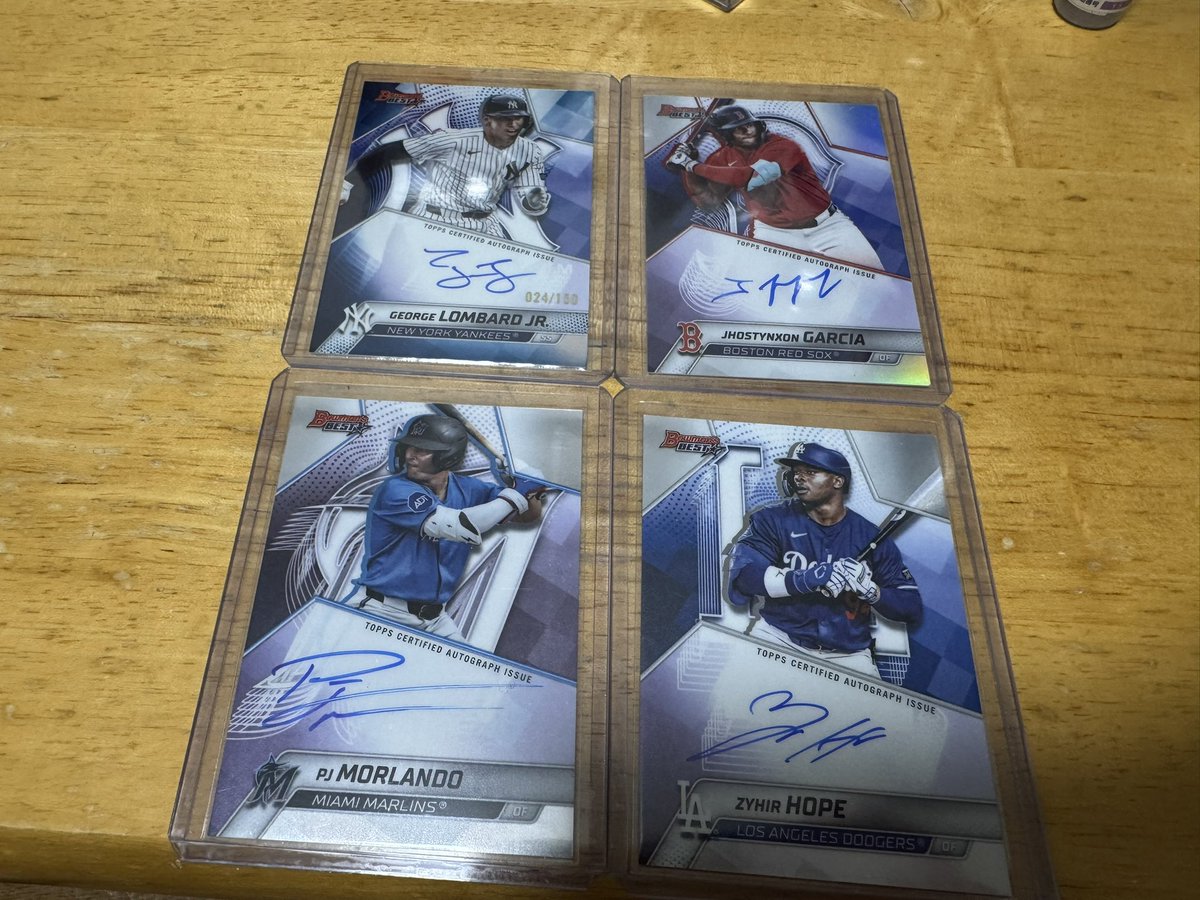 daiki_okaka's tweet image. 2025 Bowman’s Bestのプレオーダー品開封！
Zyhir Hope選手
George Lombard Jr.選手
PJ Morlando選手
Jhostynxon Garcia選手
のサインが出ました〜
インサートとシリアルも多くて楽しい！
#topps