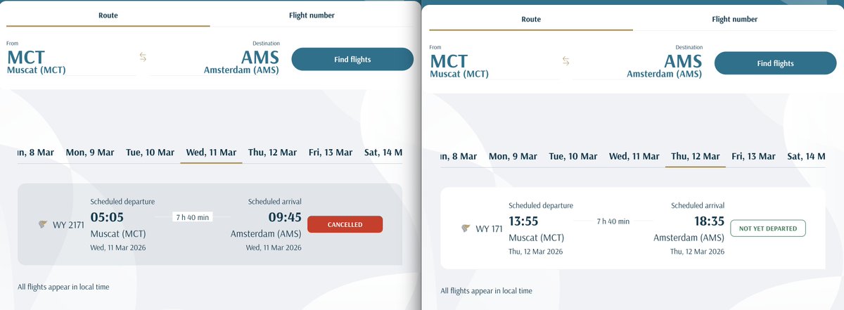PrabaMuruges's tweet photo. @omanair I have a connecting flight tomorrow (with an infant) from MCT to AMS. The one to AMS got cancelled today, can you please let me know when I can know of the status of tomorrow's flight?

I couldn't reach the customer care number. https://t.co/4hl0Bnc7ny