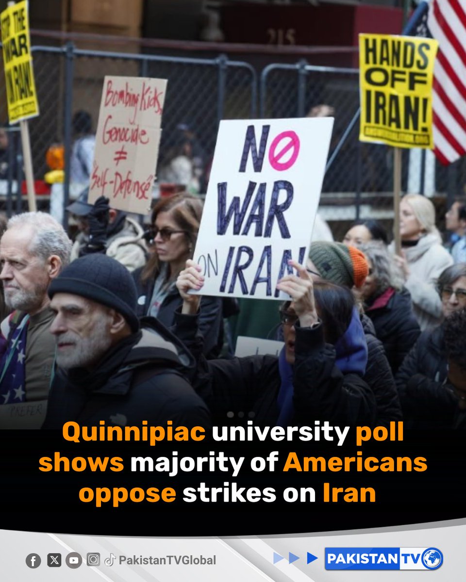 PakTVGlobal's tweet image. A new Quinnipiac nationwide poll finds 53% of Americans oppose ongoing US military strikes on Iran, while 62% say Donald Trump’s administration has not clearly explained the attack.

#USPublicOpinion #IranWarPoll #TrumpAdministration #PakistanTV #PakistanTvglobal