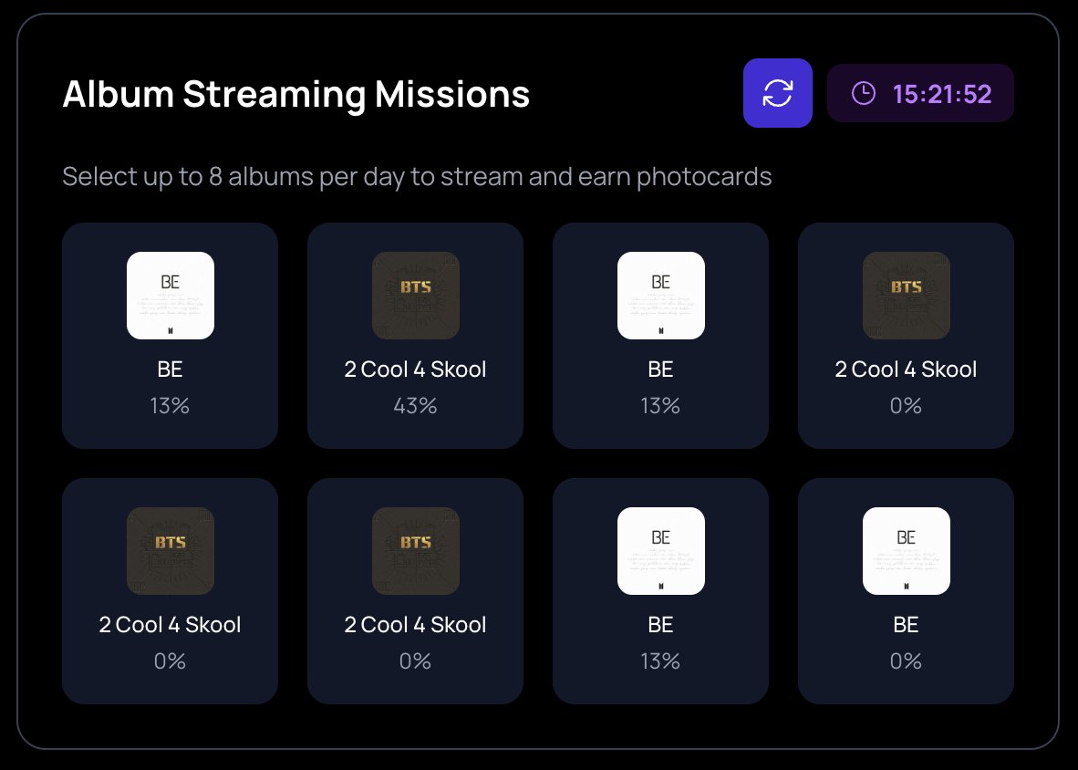 We are making changes to the album missions: If you select Love Yourself : Her and Love Yourself: Answer, you will need to stream overlapping tracks twice (like DNA) to finish the mission on both album.

We now also allow selecting the same album multiple times a day, coming