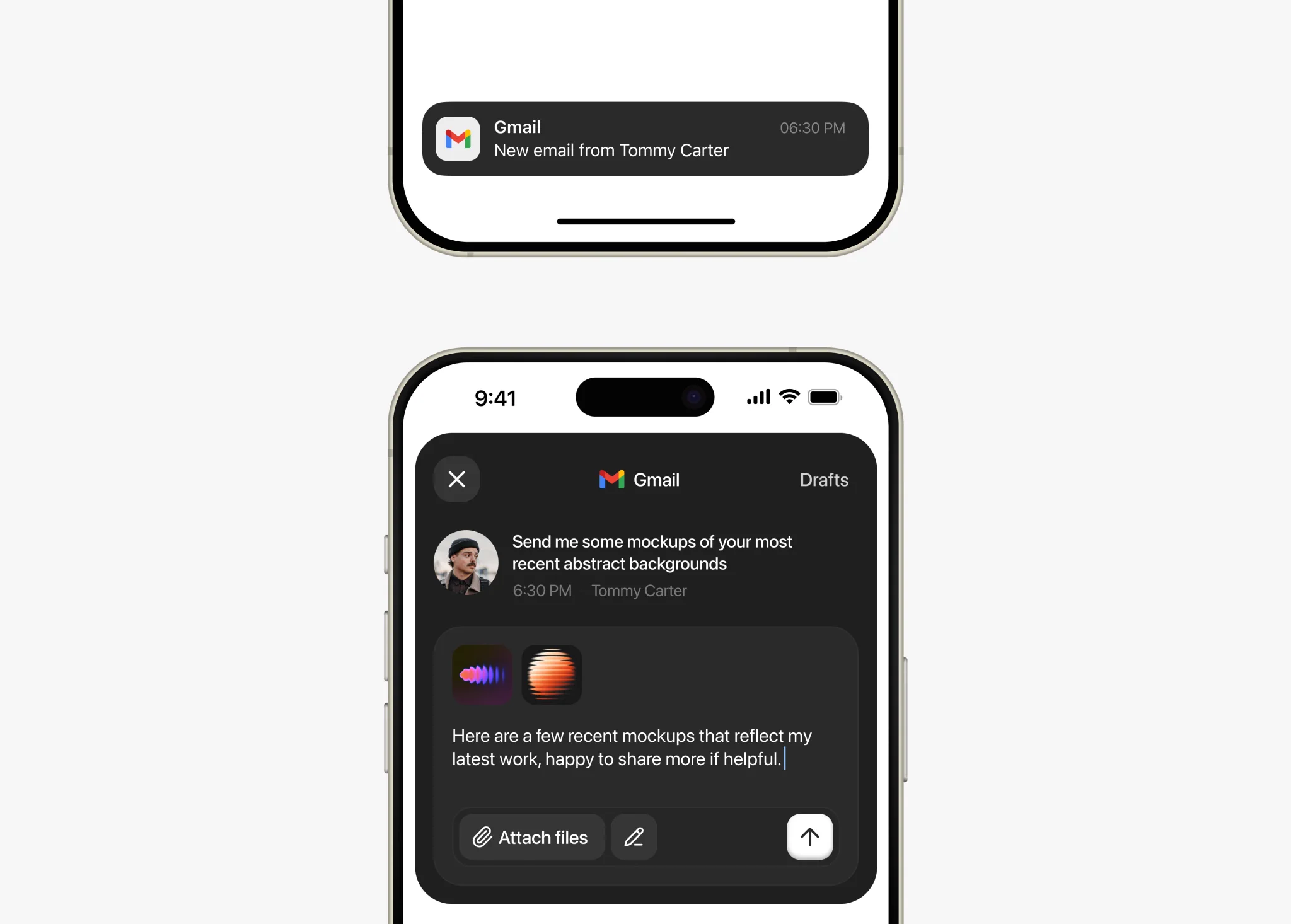 iOS 메일 빠른 답장 시트 — 다크·라이트 대비