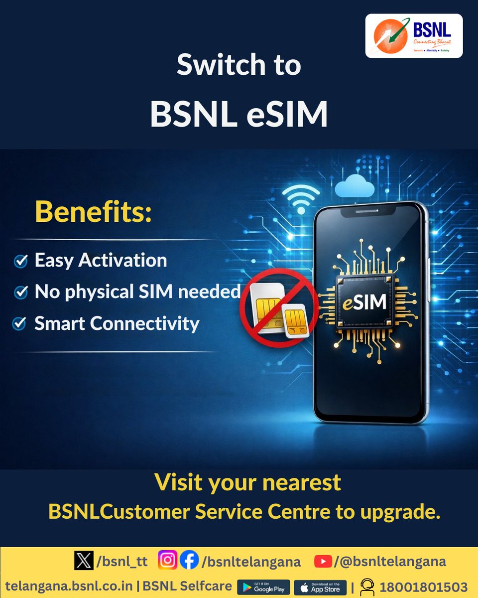 bsnl_tt's tweet photo. Switch to BSNL E-SIM today and enjoy:

✅ Easy Activation
✅ No Physical SIM Needed
✅ Smart &amp; Seamless Connectivity

Visit your nearest BSNL Customer Service Centre to upgrade now.

#BSNL #ESIM #BSNL4G https://t.co/fexqmthjiQ