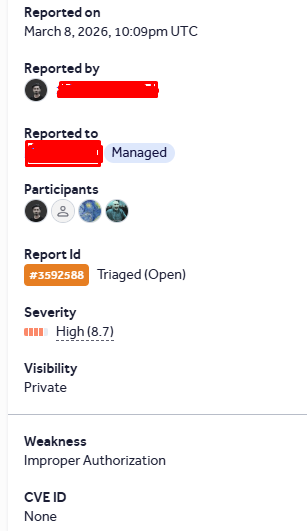zabedullahpoyel's tweet photo. Alhamdulillah, GraphQL API bug report Triaged.
#BugBounty #BugBountyHunter #BugBountyLife #BugBountyTips #BugBountyCommunity #ResponsibleDisclosure #SecurityResearch
#EthicalHacking #CyberSecurity #Infosec https://t.co/E7p1ZWp8X4