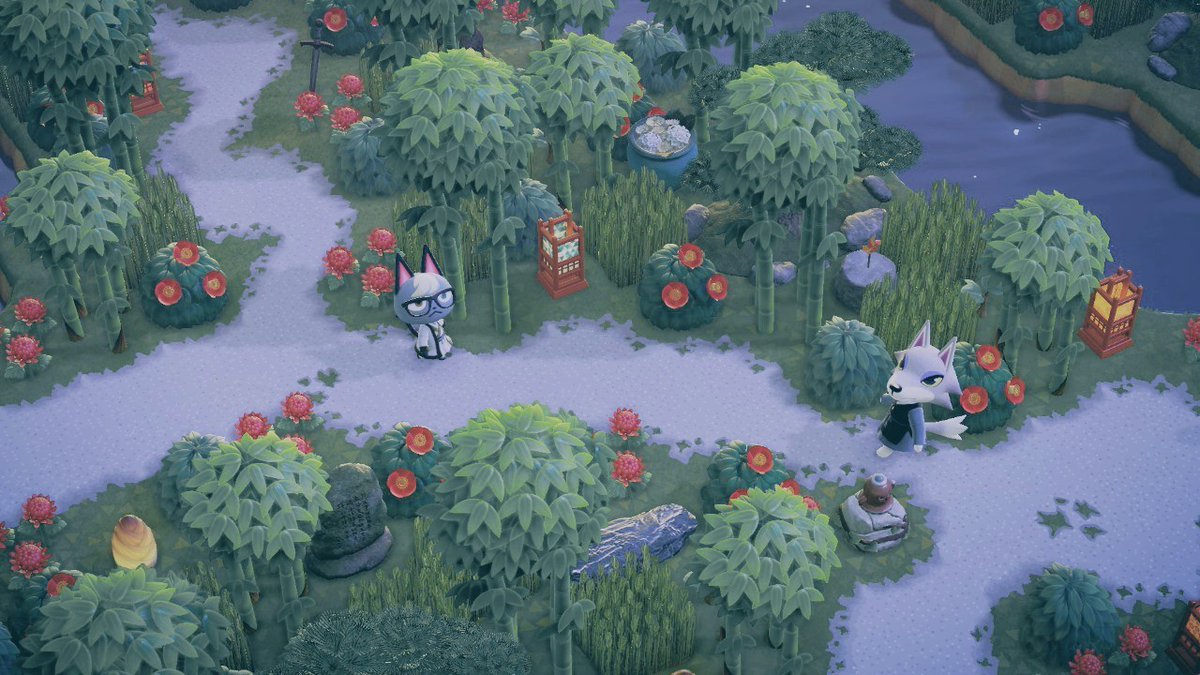 早春の早朝🌸🍃
先月までは雪景色だったこの島も、すっかり春めいて地面の緑と椿の赤が映える時期になりました🌼🌿
早起きしている住民や、観光に来た方々も早朝散歩を楽しんでいるみたいですね🎋⛩️
#あつまれどうぶつの森 
#あつ森写真部 
#ACNH