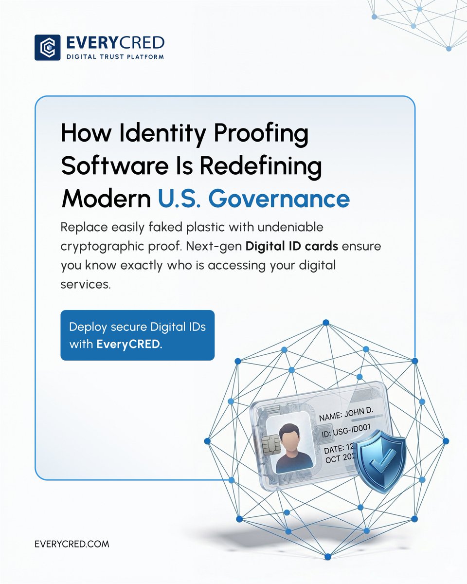 EVERYCRED's tweet image. Fake plastic IDs create real security risks.

Identity proofing software replaces them with cryptographically verifiable digital identities for trusted access to digital services.

Deploy secure Digital IDs with EveryCRED.

#DigitalId #IdentityProofing #BlockchainId #GovTech