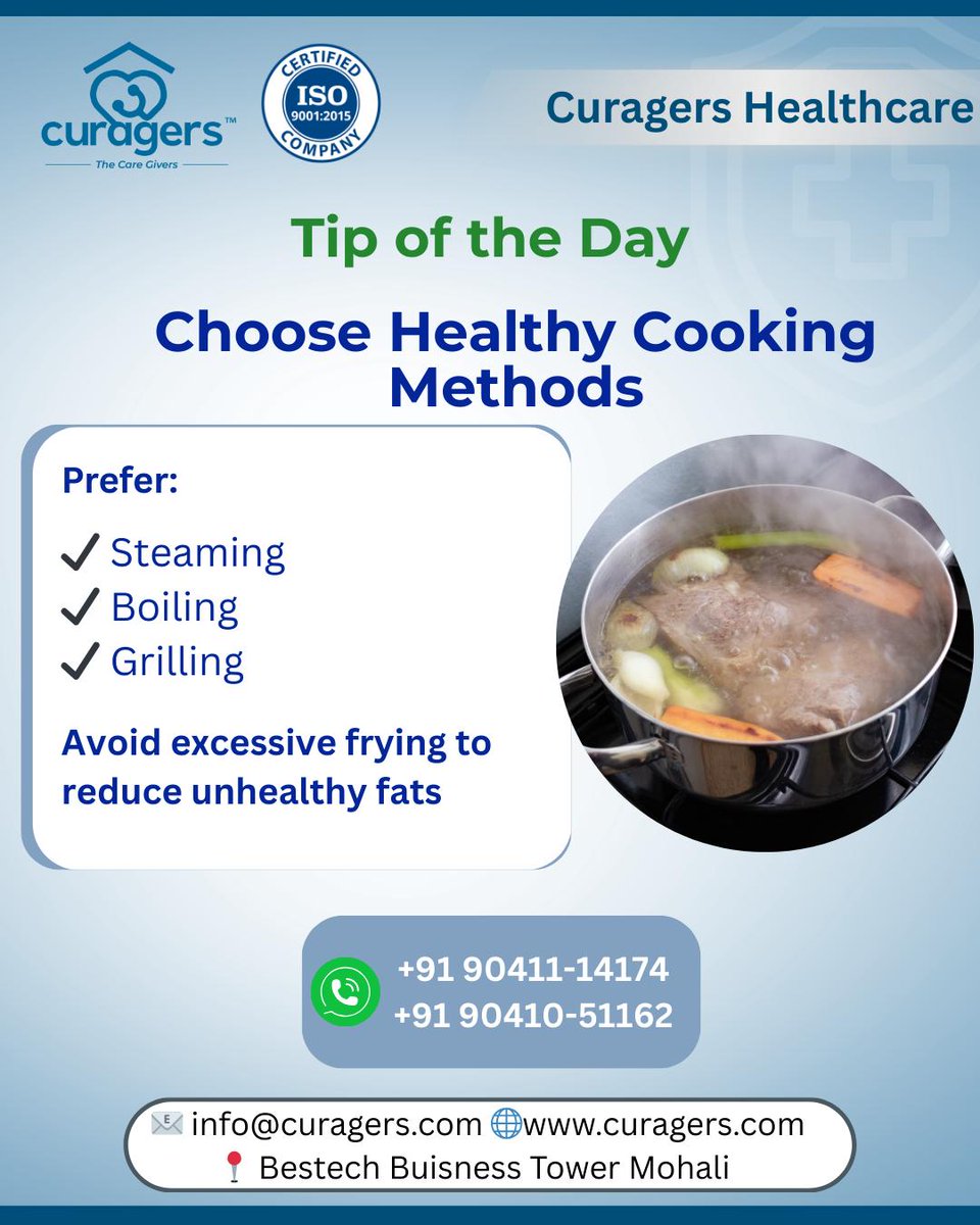 CuragersHealth's tweet image. Tip of the Day: Choose healthier cooking methods.

Prefer steaming, boiling, or grilling and avoid excessive frying to reduce unhealthy fats.

📞 +91 90411 14174
📞 +91 90410 51162
🌐 curagers.com
#Curagers #HealthTip #HealthyCooking #Wellness