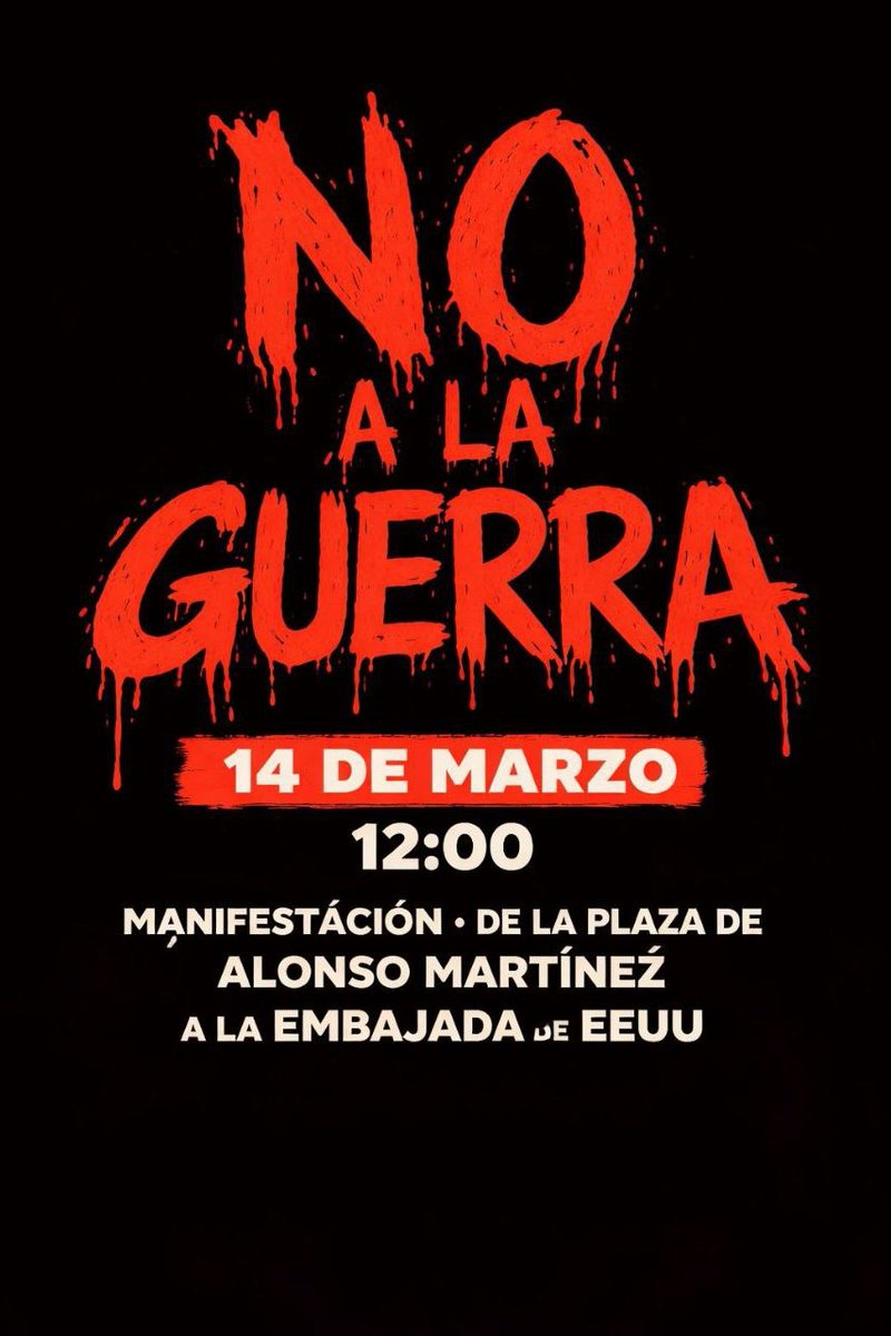 📢 *MANIFESTACIÓN · NO A LA GUERRA*

Ante la escalada militar y las nuevas guerras con consecuencias imprevisibles para la población civil y la estabilidad internacional, nos movilizamos en defensa de la paz entre los pueblos, y la solución diplomática de los conflictos.

Las
