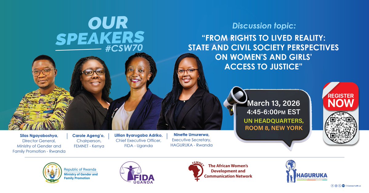 haguruka_ngo's tweet photo. What does inclusive and equitable justice mean for women and girls?

▶️  Non-discriminatory laws
▶️  Accessible legal aid
▶️  Gender-responsive institutions
▶️ Accountability that delivers real outcomes

This #CSW70 side event shares lived experiences and proven pathways from Rwanda, Uganda and Kenya.

🗓️ 𝗠𝗮𝗿𝗰𝗵 𝟭𝟯, 𝟮𝟬𝟮𝟲
⏲️ 𝟰:𝟰𝟱–𝟲:𝟬𝟬 𝗣𝗠 (𝗘𝗦𝗧)
📍 𝗨𝗡 𝗛𝗲𝗮𝗱𝗾𝘂𝗮𝗿𝘁𝗲𝗿𝘀, 𝗥𝗼𝗼𝗺 𝟴, 𝗡𝗲𝘄 𝗬𝗼𝗿𝗸

🔗𝐑𝐄𝐆𝐈𝐒𝐓𝐄𝐑 𝐍𝐎𝐖: https://t.co/JS9veZjNdv