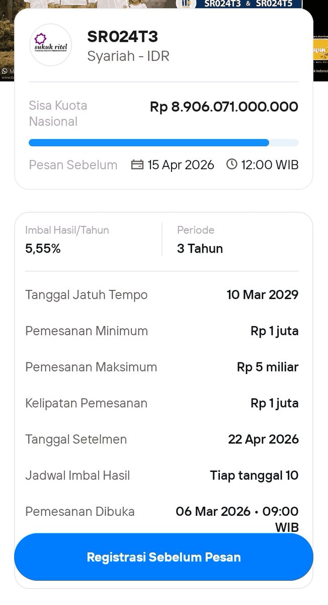 Bayangin kamu baru dapet durian runtuh THR Rp100 juta, daripada ludes buat foya-foya, atau disimpen dibawah kasur.
mending antum titipin ke negara lewat SR024T3 ini. 

Ini investasi syariah yang super aman karena dijamin pemerintah, jadi nggak perlu takut modal kamu hilang.