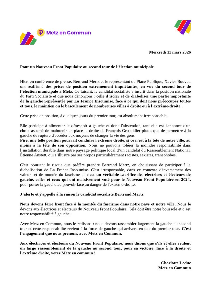 Retrouvez mon communiqué suite à la position inquiétante, adoptée par le candidat socialiste Bertrand Mertz.

Nous devons permettre un rassemblement large à gauche au second tour pour battre la droite et l'extrême-droite. Nous le devons aux électrices et électeurs du NFP à #Metz