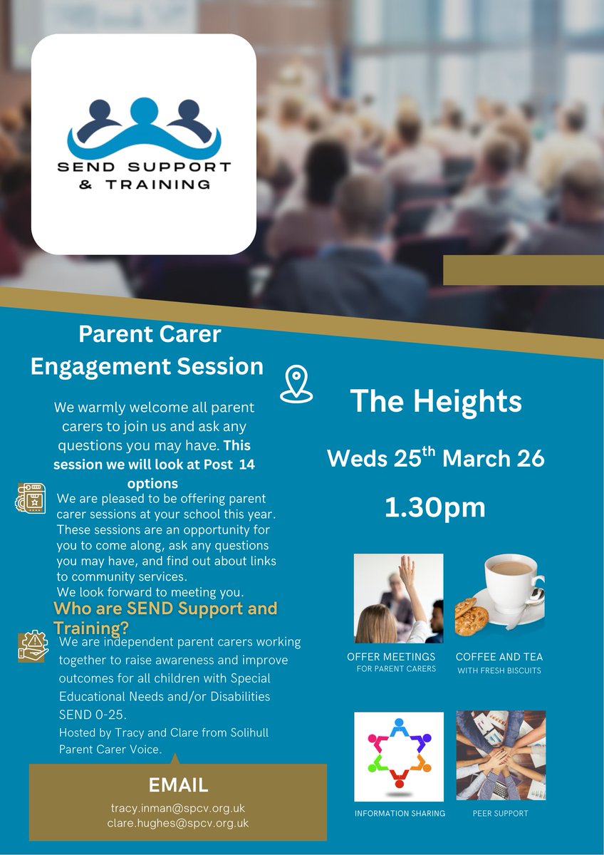 TheHeights23's tweet photo. 📢 Parent Carer Engagement Session – 25 March
We’re pleased to welcome SEND Support &amp; Training (SPVC) into school on Wednesday 25th March, 1.30pm
☕ Tea, coffee and biscuits provided
We look forward to seeing you there! https://t.co/p4mJRZRFeS