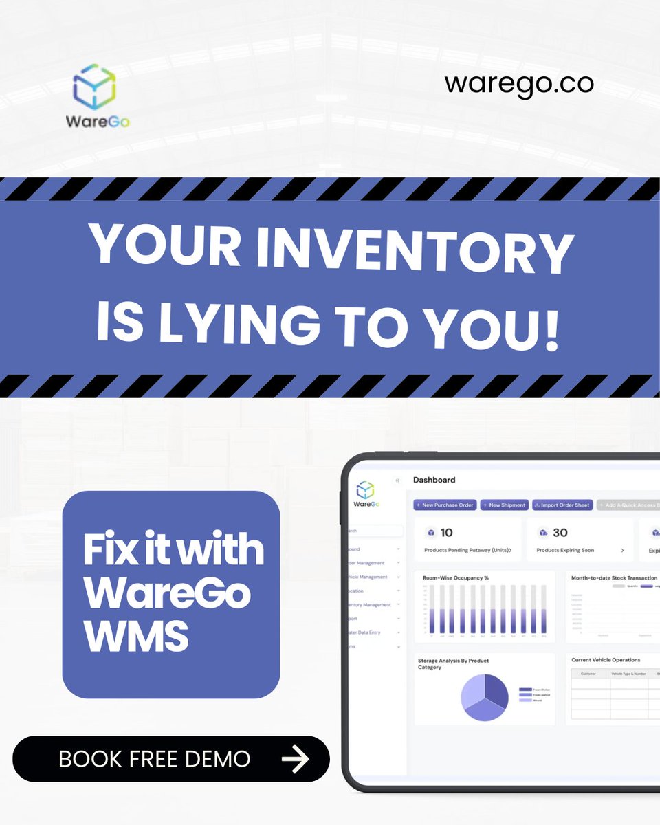 WareGoGlobal's tweet image. Overselling. Missed shipments. Frustrated customers. It all starts with inaccurate inventory.

WareGo keeps your stock accurate in real time — so every decision reflects what's actually on your shelf.

Book a FREE Demo: warego.co 

#InventoryManagement #WMS #WareGo