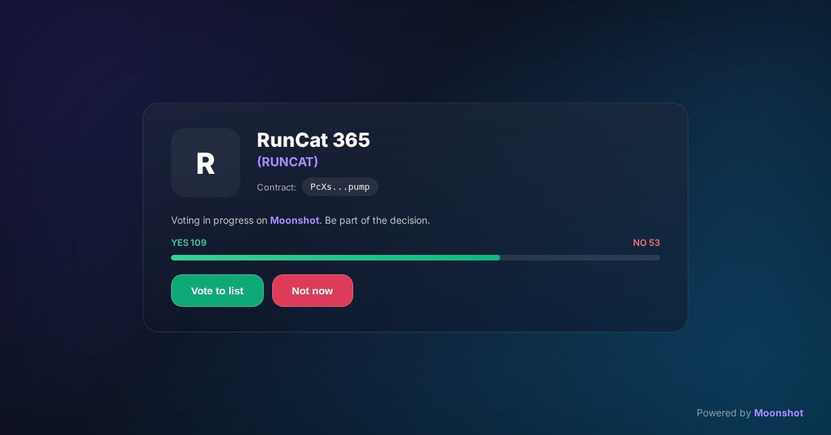 leemonjuicy's tweet photo. We're so close to getting $RunCat listed on Moonshot. Just a couple more votes left.
Final step — community, show up. This could be it.

https://t.co/tBzOV0B56y https://t.co/dlSkRUBf9U