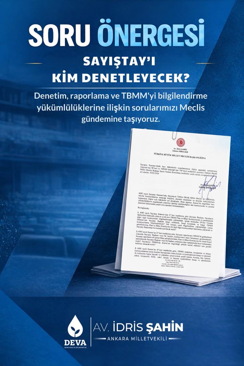 Herkesi denetleyen kurumun, kendi yükümlülükleri söz konusu olduğunda sessiz kalması kabul edilemez.

Sayıştayın denetim, raporlama ve TBMM’yi bilgilendirme sorumluluklarına ilişkin sorularımızı Meclis gündemine taşıdık.

Sorumuz açık: Sayıştay’ı kim denetleyecek?