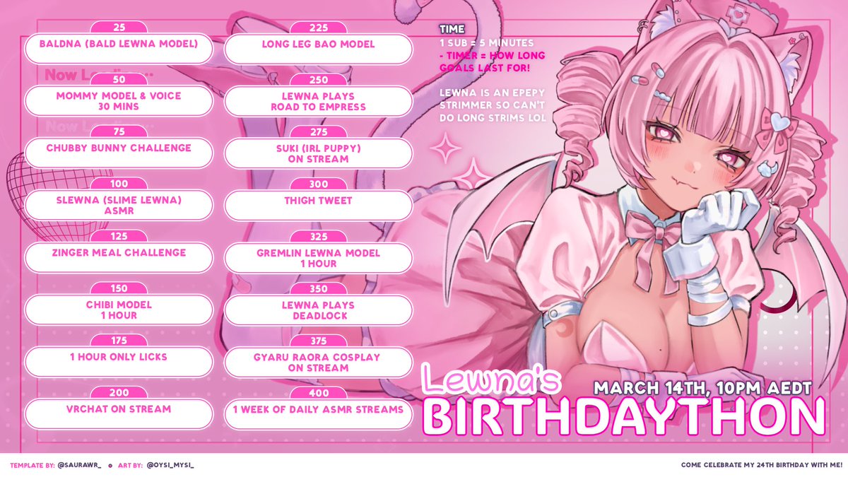 【 BIRTHDAY SUBATHON ANNOUNCEMENT💉🌸 】

My birthday is coming up, and you're invited! 🍰
Please join Lewnya for a new song cover release, birthday merch, voice packs and more! 🩷