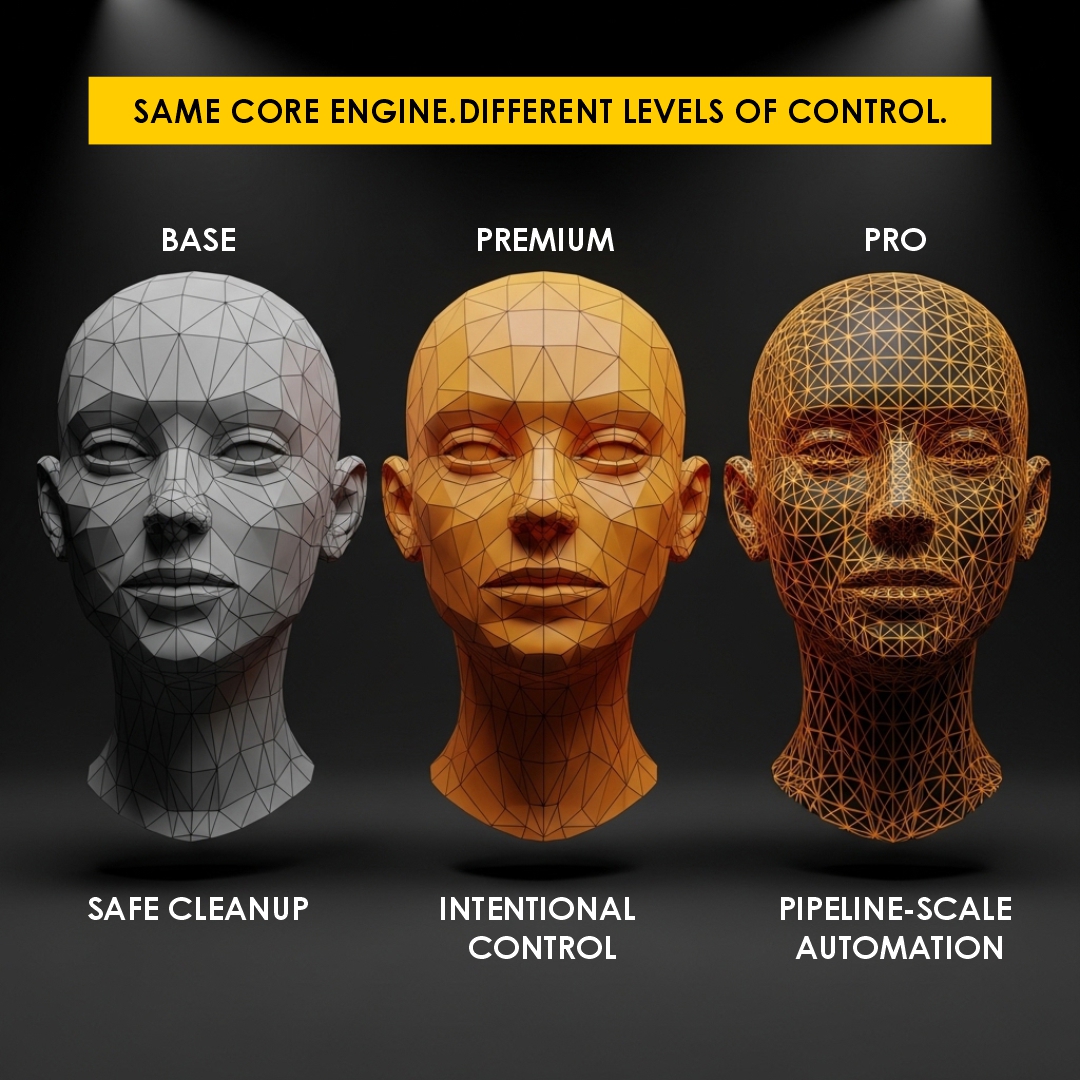 ai_solutions25's tweet photo. Base: safe cleanup
Premium: intentional control
Pro: pipeline-scale automation

Same core engine.
Different levels of control.   

#Blender3D #b3d #Quadify #Retopology #3DModeling #GameDev https://t.co/h8YcbggFtH