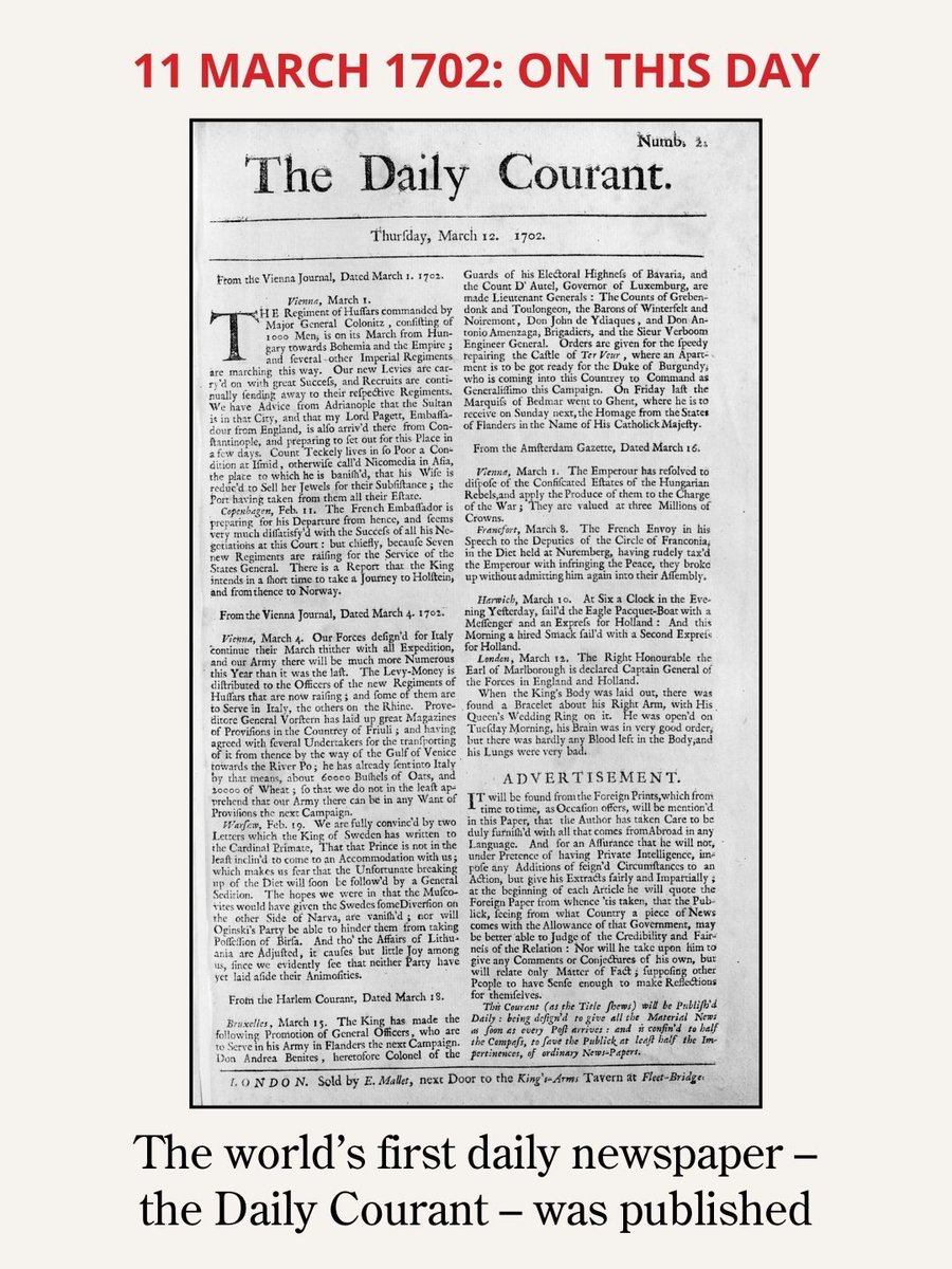 MoneyWeek's tweet image. On this day in 1702, Elizabeth Mallet of Fleet Street published the first edition of the Daily Courant – the world’s first daily newspaper.

📸: Fox Photos/Getty Images

#otd #onthisday #newspaper #news #history #1702 #march #11march