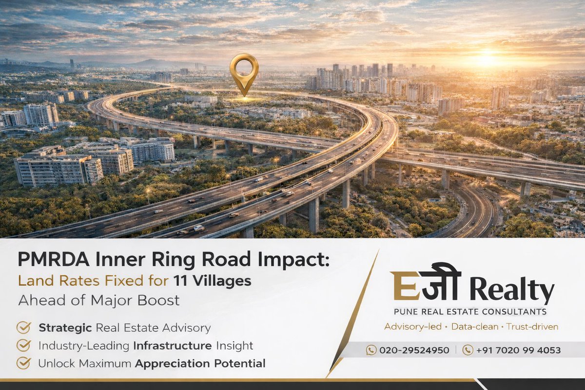 EZRealtyIndia's tweet photo. PMRDA Inner Ring Road Moves Ahead: Land Rates Fixed for 11 Villages

Pune’s infrastructure growth has taken a major step forward as PMRDA has finalized land compensation rates for 11 villages required for the Inner Ring Road project.

Eजी Realty | Pune Real Estate Consultants https://t.co/kr3AvMPeeY