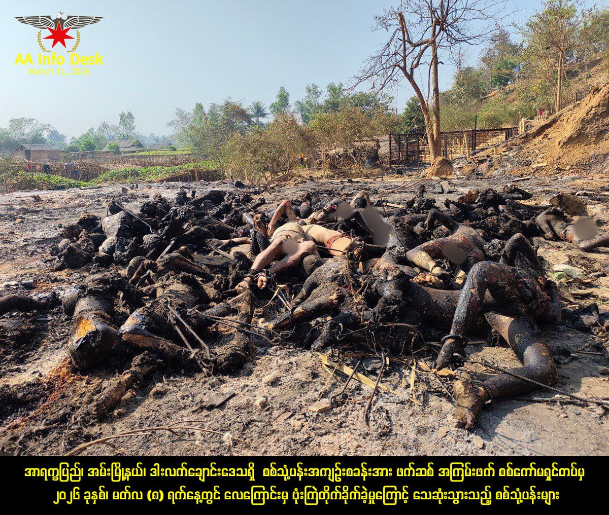 Y_D_Y_P's tweet photo. ⚠️WARNING: GRAPHIC IMAGE⚠️

Pada tanggal 8 Maret 2026, Angkatan Udara Myanmar melakukan pemboman terhadap Kamp Tawanan Kelompok Pemberontak Arakan Army yang menampungan Ratusan Tentara Myanmar dan keluarga mereka yang ditawan Pemberontak

Sekitar 116 Tawanan Meninggal Dunia https://t.co/kOpcurw1nE