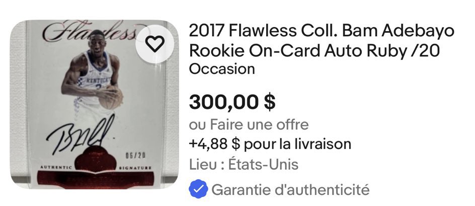Le prix des cartes Bam Adebayo ont déjà explosé 😅

Exemple ici, avec exactement les même cartes. 

Sa carte la plus cher à l’époque (11.000$)  vient d’être mise en vente pour 1 MILLIONS DE DOLLARS !!

Et la flawless, le mec l’a acheté dans la journée et l’a remise en vente au