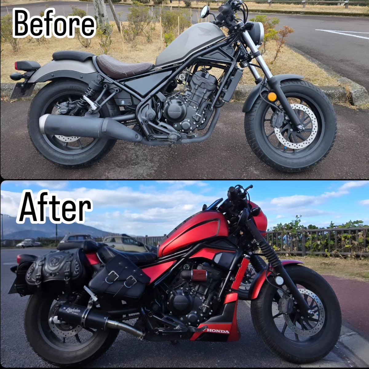 RAIMI1022's tweet photo. 納車直後と今現在のビフォーアフター
私の愛車です🏍️
まだまだカスタム続きます😁
#レブル250
#Rebel250
#バイクカスタム
#バイク好きな人と繋がりたい
#鹿児島県 https://t.co/no11VtlYVO