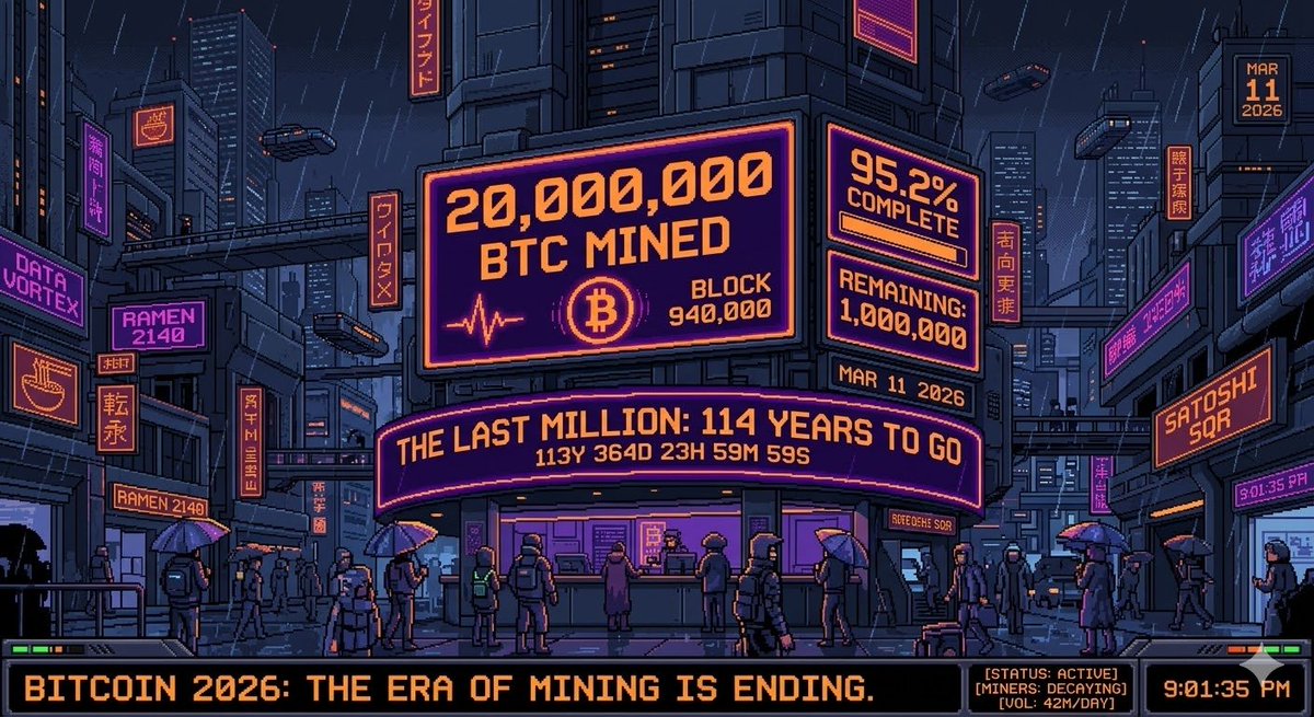 The 20,000,000th bitcoin was just mined.

95.2% of the total supply is officially out in the wild. It took 17 years to get here, but the last 1 million coins will take another 114 years to trickle out.

The math is the mandate. While fiat printers are on infinite, the btc supply