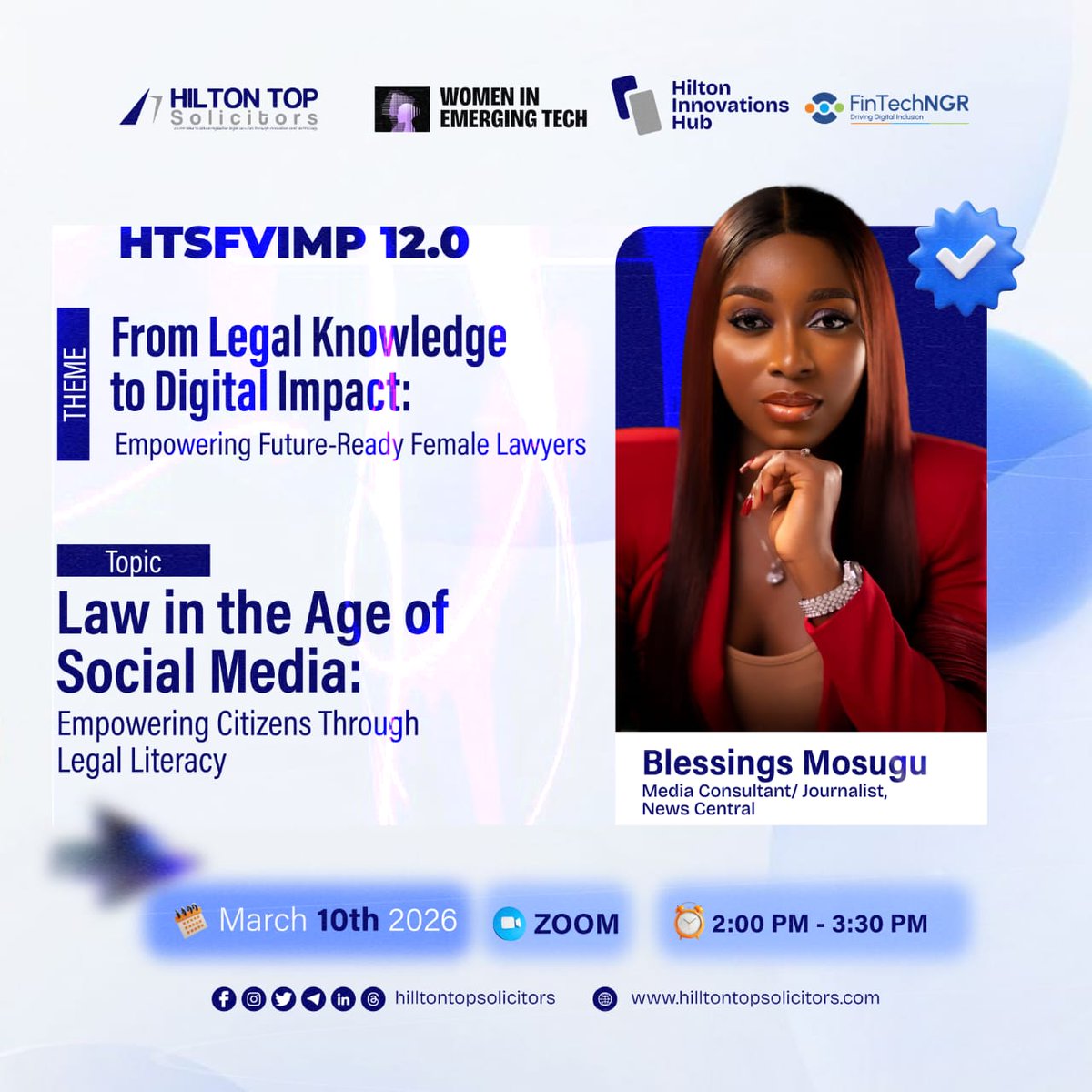 HiltontopS's tweet photo. Engaging session at #HTSFVIMP12 with Blessings Mosugu on Law in the Age of Social Media.  
She inspired interns to see legal literacy as a tool for empowerment in today’s digital society.  

#WomenInLaw #LawAndSocialMedia #FutureReadyLawyers #WomenInEmergingTech #DigitalImpact https://t.co/4DcCCaTGOz