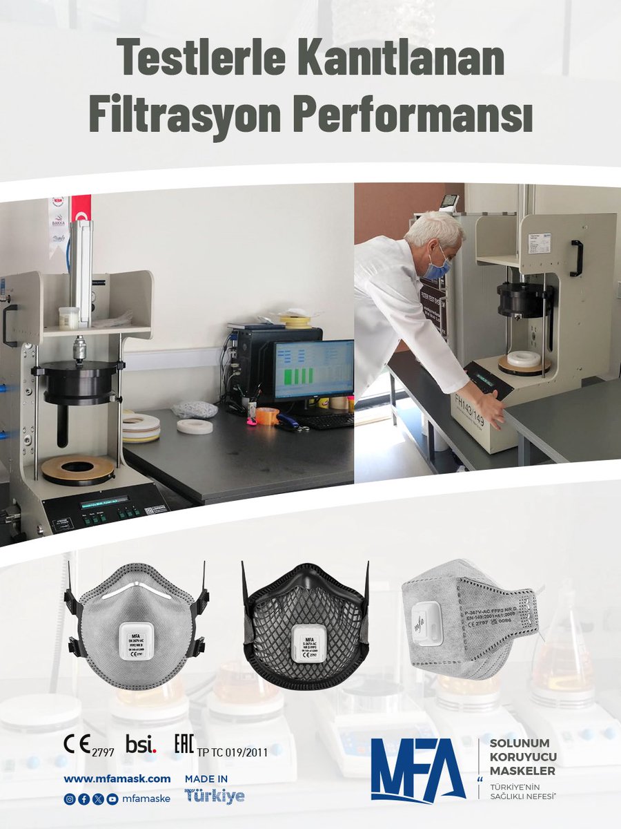 #MFA Solunum Koruyucu Test Merkezi’nde gerçekleştirilen performans testleri, ürünlerin filtrasyon ve solunum parametrelerinin sürekli kontrol altında tutulmasını sağlar.

Yüksek test sonuçları, maskelerin zorlu kullanım koşullarında dahi solunum korumasını güvenle sağlar.