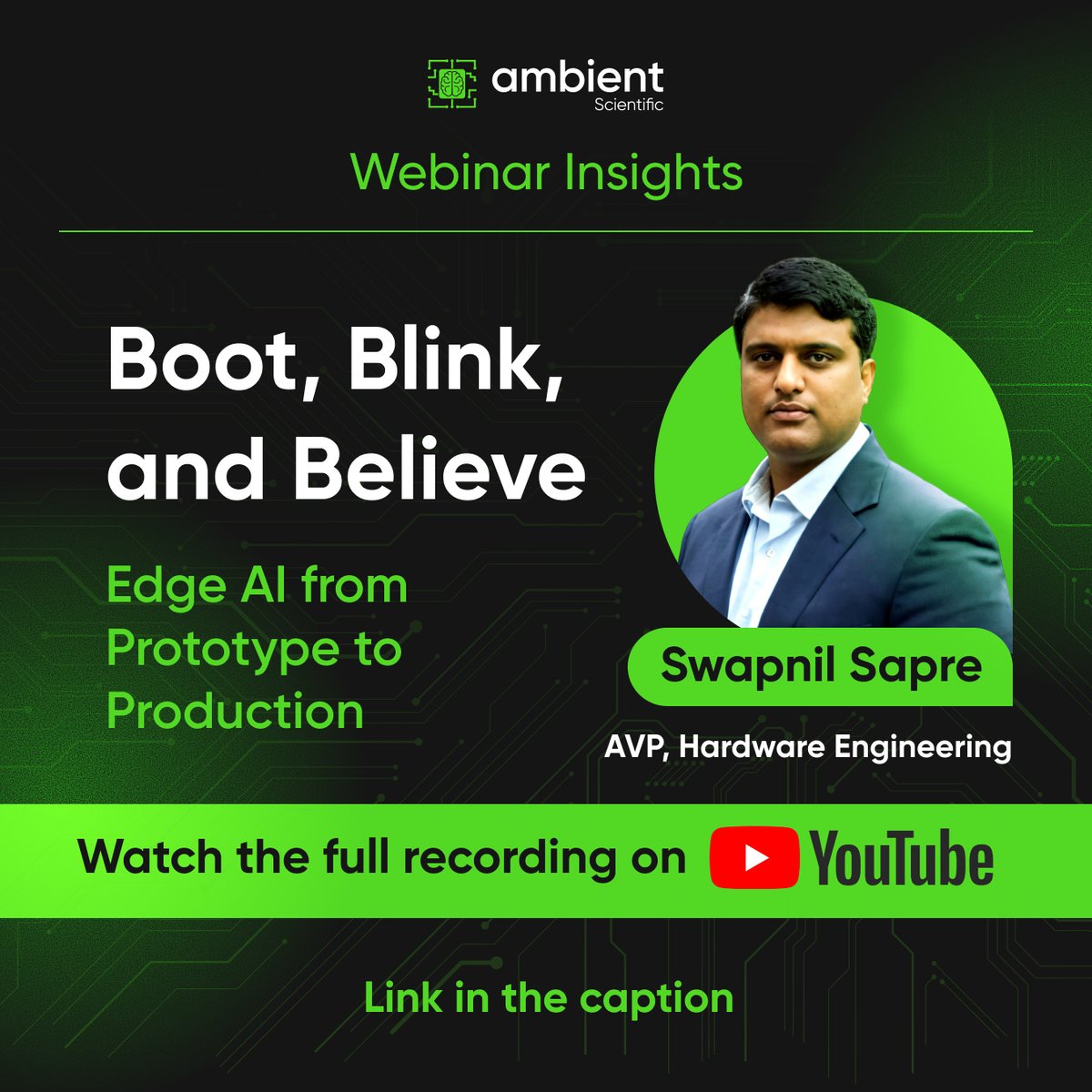 AmbientScient1's tweet photo. Thank you everyone who joined and made it a meaningful conversation.
In webinar-Boot, Blink, Believe: Making Hardware Production-Ready, we unpacked how to take Edge AI from demo to real-world deployment.
Watch full recording: https://t.co/T06veRYBkZ
Visit: https://t.co/B30WLF57C5 https://t.co/mx5MJVBw77