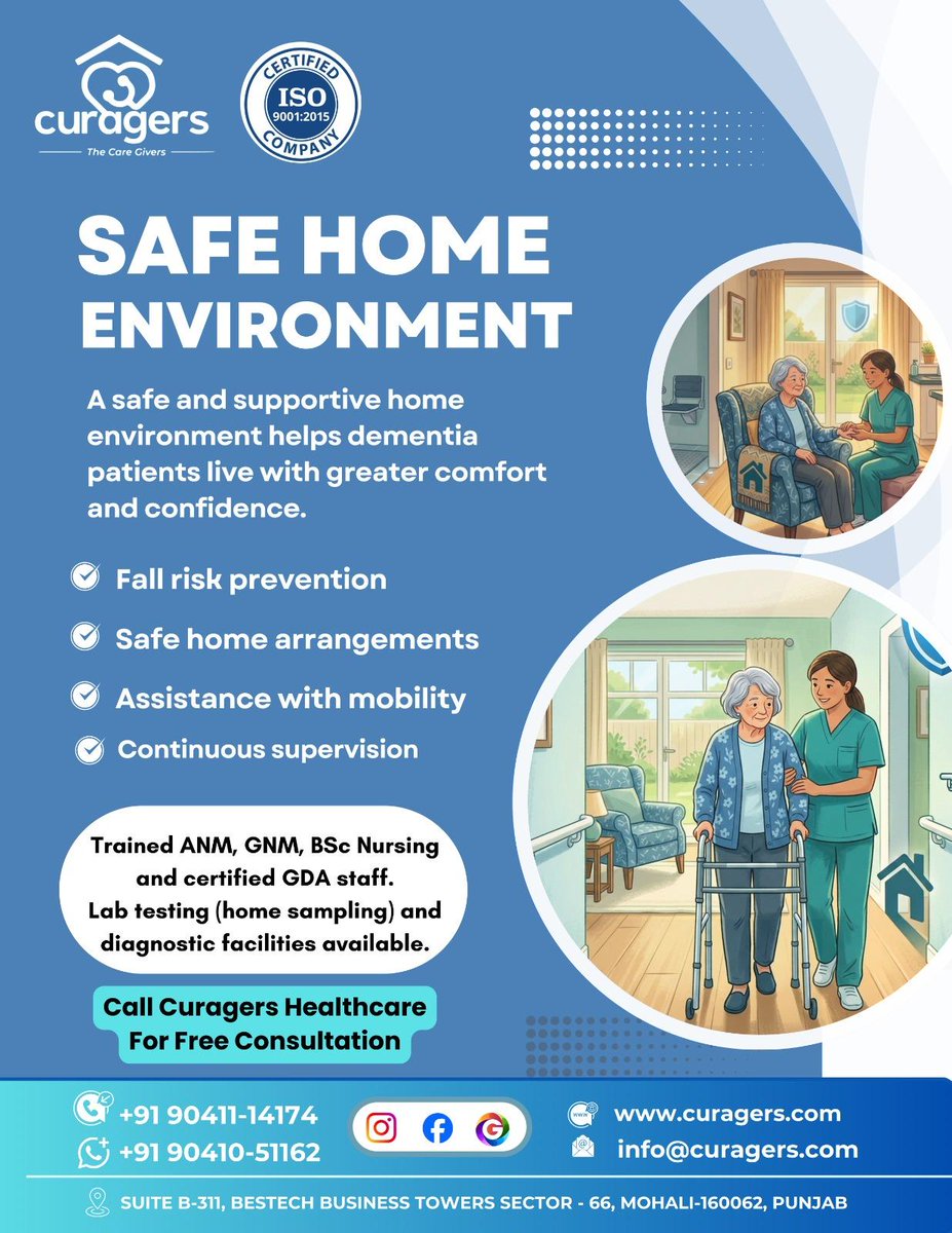 CuragersHealth's tweet image. A safe home environment improves comfort and confidence for dementia patients.

Curagers Healthcare provides professional caregivers and home safety support.

📞 +91 90411 14174
📞 +91 90410 51162
🌐 curagers.com
#Curagers #DementiaCare #HomeSafety #SeniorCare