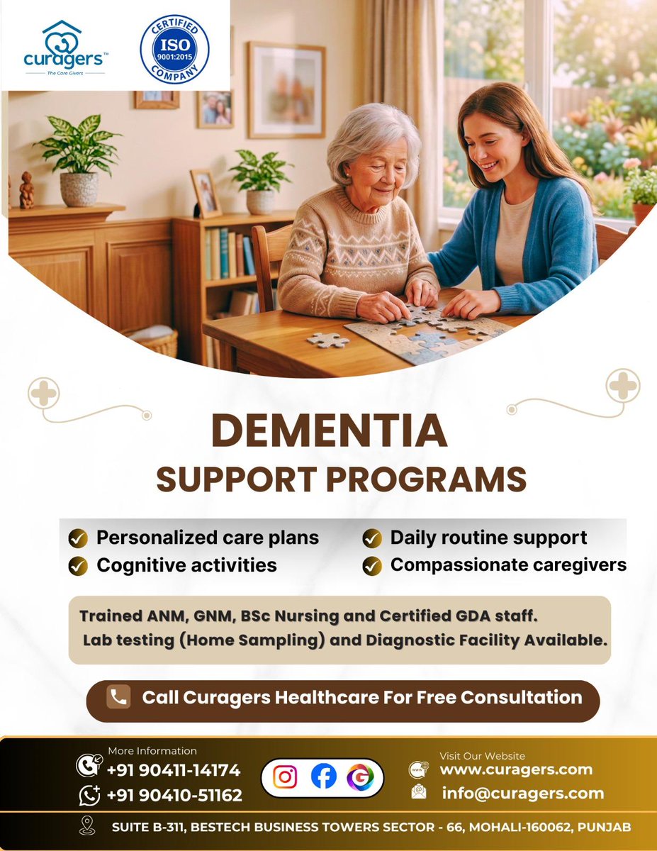 CuragersHealth's tweet image. Curagers Healthcare provides dementia support programs focused on cognitive activities, personalized care, and compassionate caregiving.

📞 +91 90411 14174
📞 +91 90410 51162
🌐 curagers.com
#Curagers #DementiaCare #SeniorSupport #MemoryCare