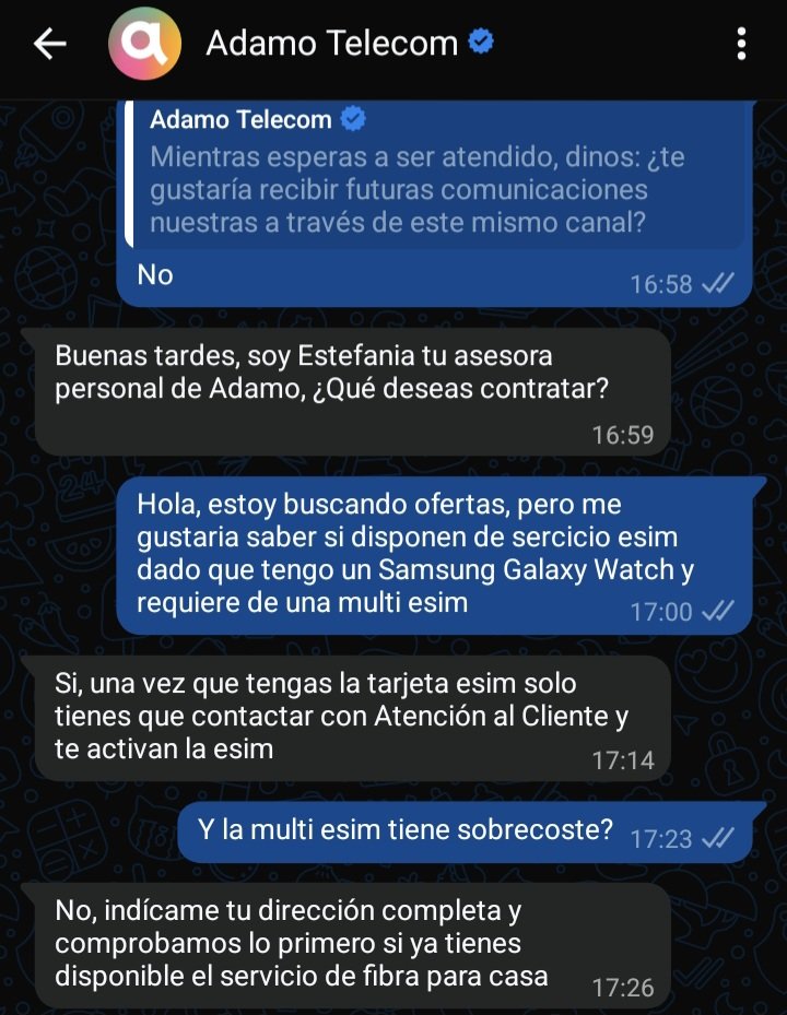 murenooo's tweet photo. Hace unos días me propongo mirar ofertas de compañias en el mercado de las teleco y contacto con @adamo_es. Pregunto si disponen de servicio esim multisim para usar en mi reloj, su respuesta es sí, le vuelvo a preguntar en la conversación y me reconfirma. Y resulta que es mentira https://t.co/WFXs4HFcxh