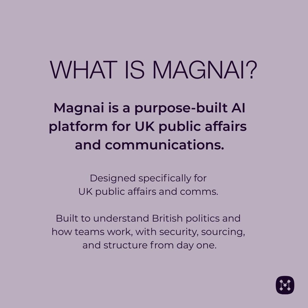 MagnaiPlatform's tweet photo. That is what Magnai is for. Purpose-built AI for UK public affairs and comms, designed around how these teams actually work. https://t.co/imjWcNTVcu