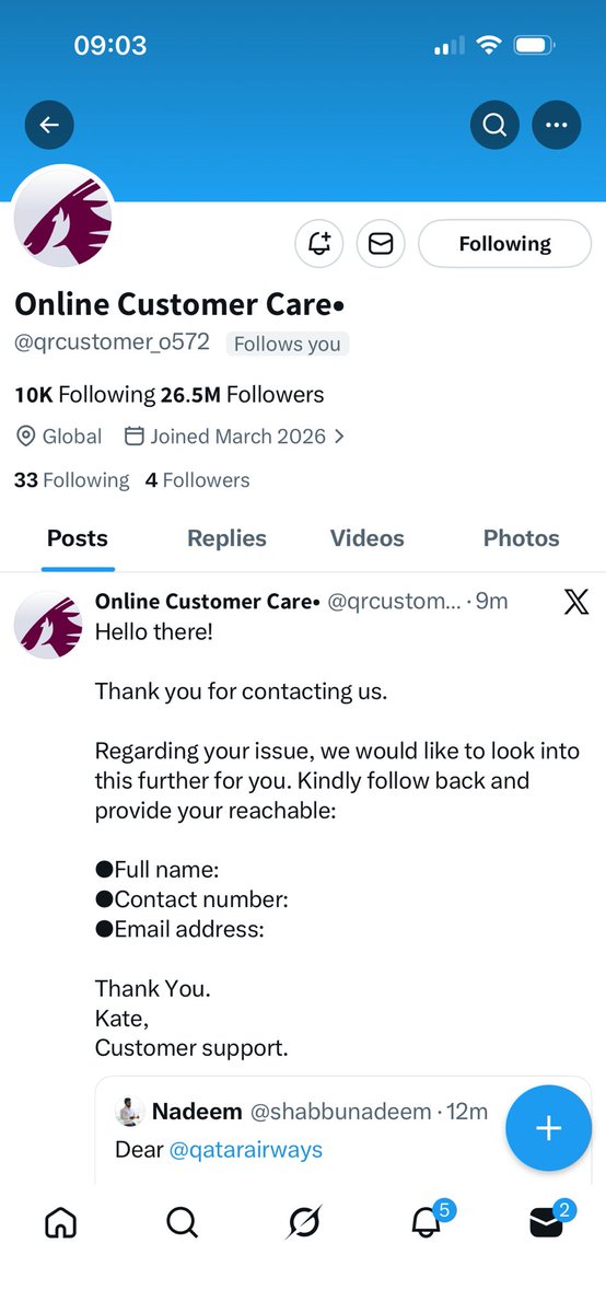 aishahB's tweet photo. @qrsupport folks is this a genuine account? They have reached out any taken my details for rebooking - i am worried that this might be a fake account. https://t.co/mlP2M0Qil1