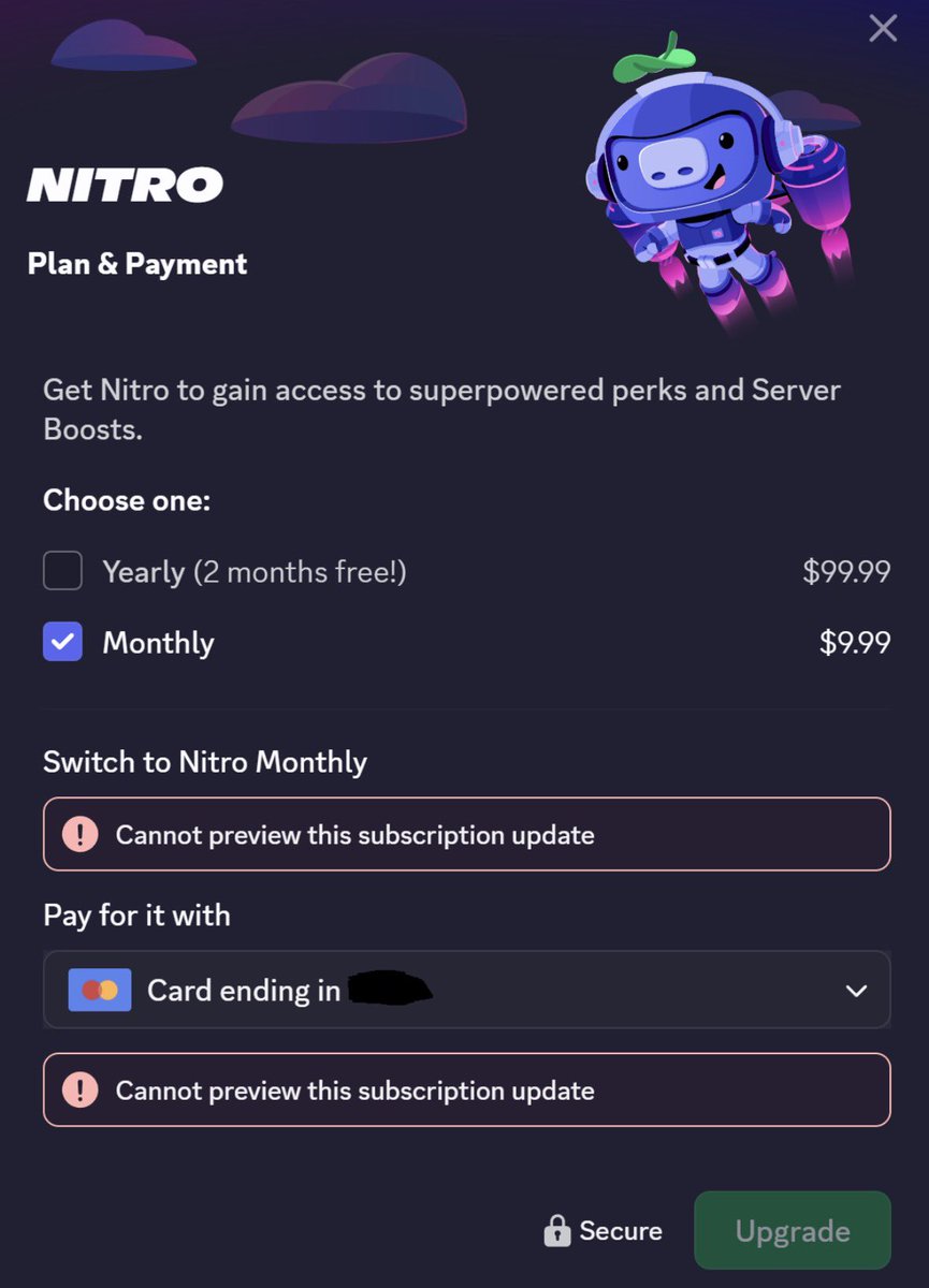 ian2me01's tweet photo. @discord What the heck? Why can’t I upgrade my nitro subscription? 😡 https://t.co/Zi5R2gVuNn