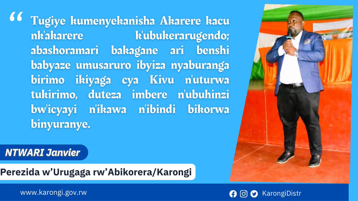 KarongiDistr's tweet photo. Ntwari Janvier watorewe kuyobora Urugaga rw'Abikorera mu Karere ka #Karongi, avuga ko nk'abikorera bagiye guhaguruka bagashyira imbaraga mu gushishikariza abashoramari, gushora muri aka Karere, bakabyaza umusaruro amahirwe arimo ikiyaga cya #Kivu. https://t.co/l1Mn8m9SLx