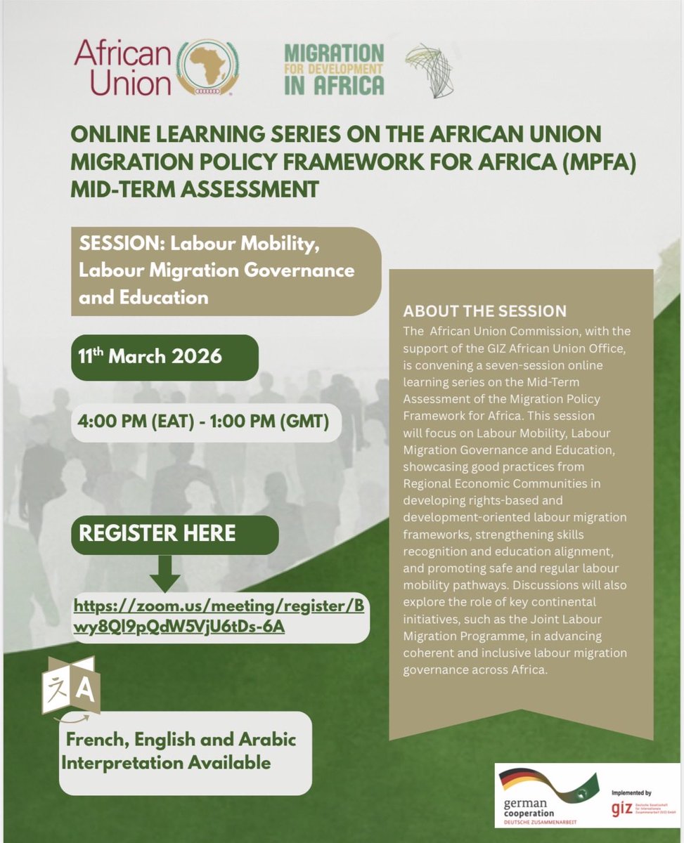 AU_HHS's tweet photo. #Update: 
We are pleased to announce that the Session on Labour Mobility, Labour Migration Governance &amp; Education will begin in just a few hours.
Register using the link ⤵️ and join us exactly at 1️⃣6️⃣hrs EAT. We look forward to your participation.🤝

#Migration4Development https://t.co/vCQ1mdzo2D