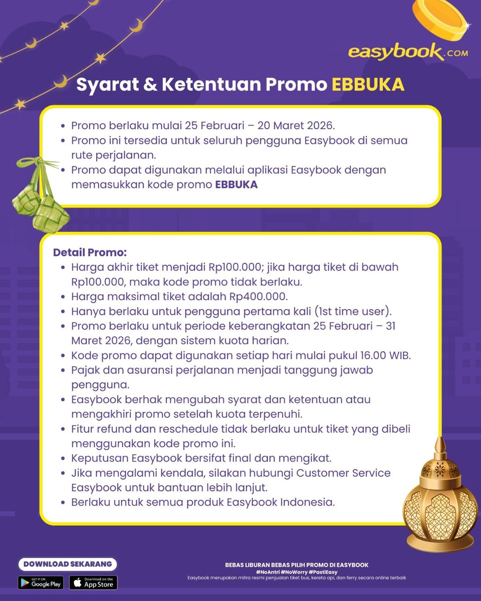 LorenaTransport's tweet photo. Promo Mudik Hemat dari https://t.co/dpZWmWAJNt! Tiket Mulai Rp100.000 🎉

Mudik makin hemat dan praktis bersama Easybook! Sambut momen perjalananmu dengan promo spesial yang bikin perjalanan jadi lebih tenang, nyaman, dan tentunya lebih hemat. https://t.co/iNzblwvEcb