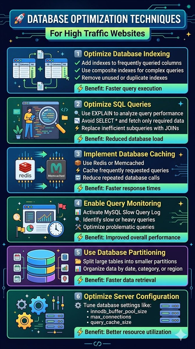 EEvans64376's tweet photo. Is your database slowing down during high traffic? ⚡

Use these powerful database optimization techniques to improve query speed, reduce server load, and keep your applications running smoothly.

#MySQL #DatabasePerformance #WebHosting #ServerOptimization #DevOps https://t.co/rMvW7EyWzB