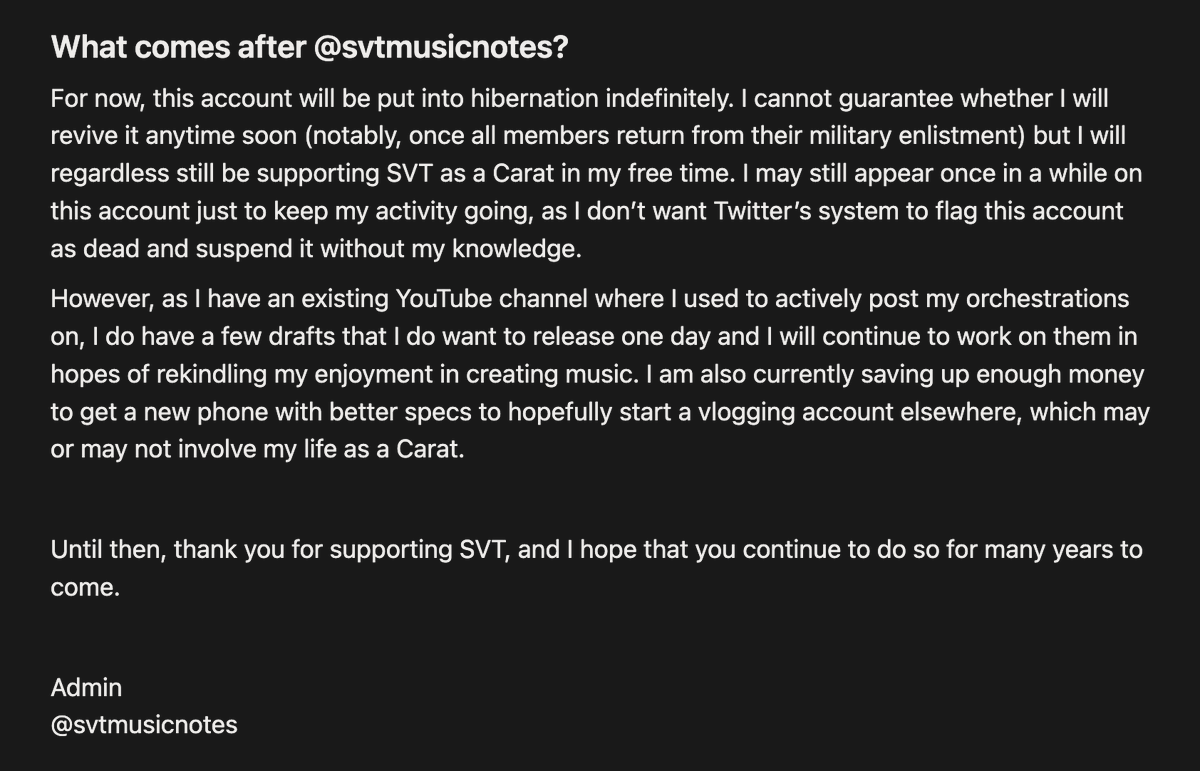 svtmusicnotes's tweet photo. CLOSED.

TL;DR - Due to several personal reasons, I have decided to put this account on an indefinite break. I will hopefully come back to present more SVT (and non-SVT related) content in the near future. https://t.co/FylVER7axi